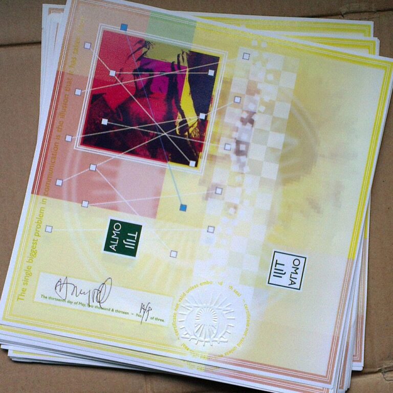 A stack of colorful, detailed certificates, resembling intricate artwork, combines text, graphics, and signatures. The certificates feature various geometric patterns and designs on sturdy cardboard, including a prominent red image of a face and logos of institutions or organizations.